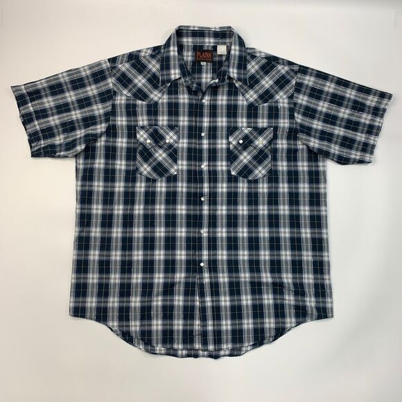 Plains Western Wear Shirt Mens XL Navy Silver Pearl Snap Button Plaid Cowboy - Picture 2 of 10